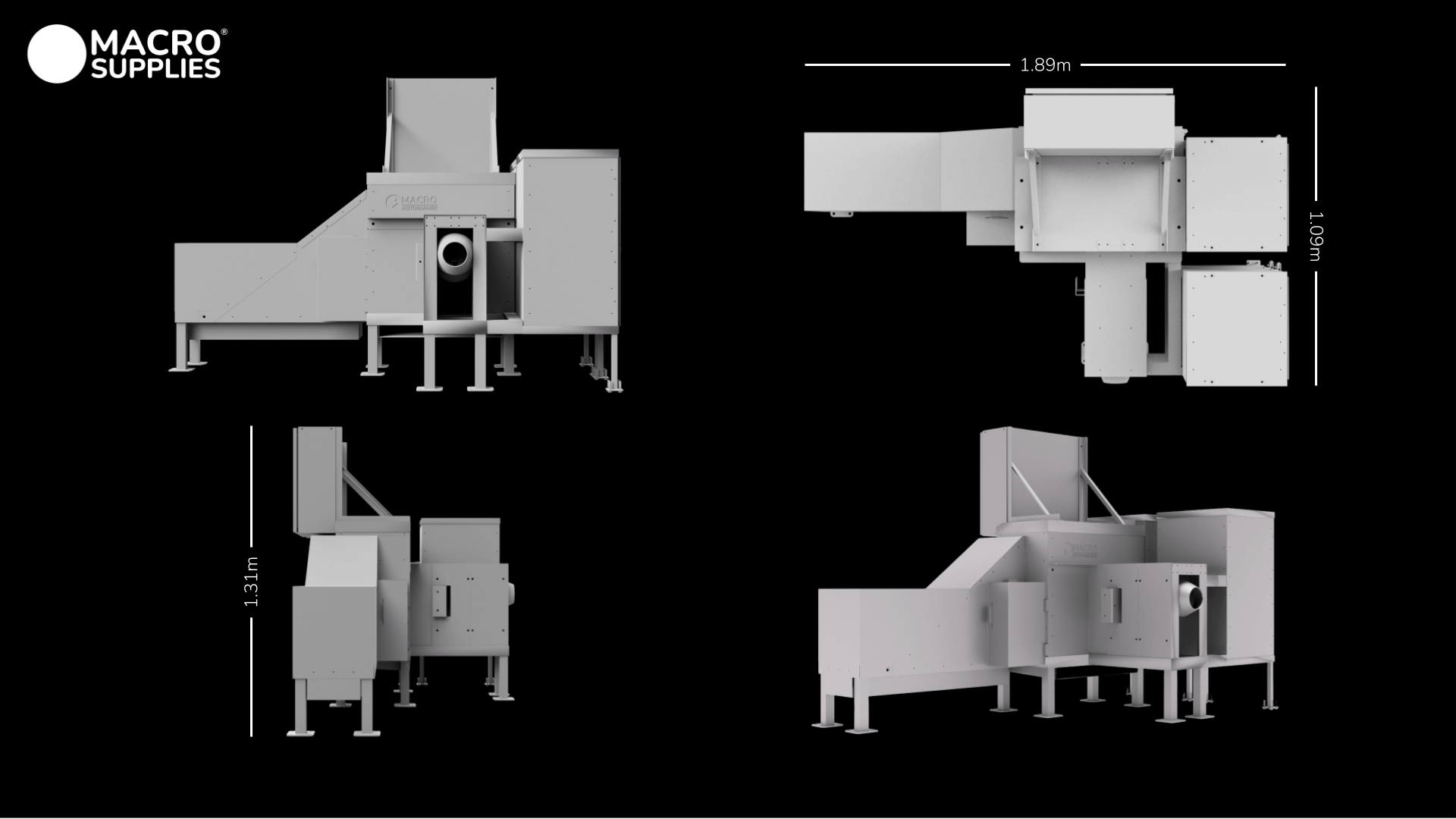 CAD renders of the Macro Supplies autonomous seaweed harvester from four angles, showing overall dimensions of 1.89m by 1.09m by 1.31m.