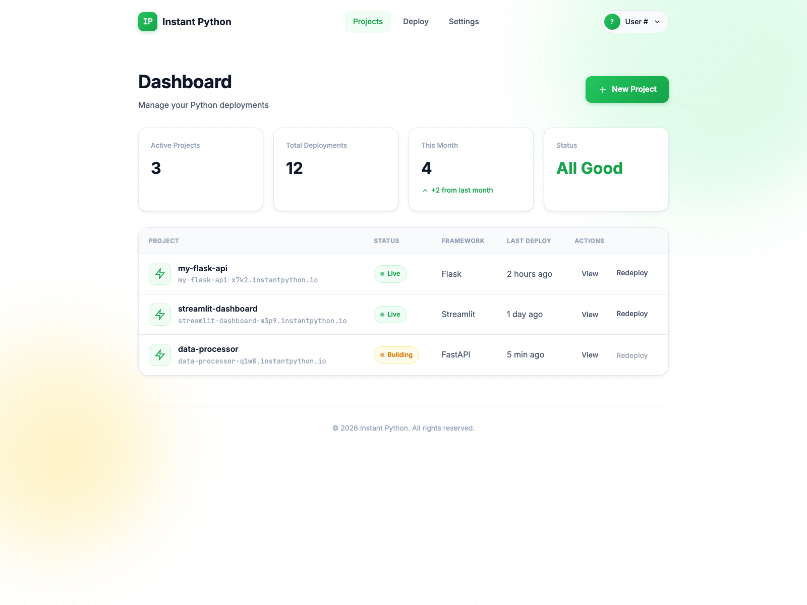 The Instant Python dashboard, showing project stats, deployment status, and a table of deployed projects with their frameworks and last-deploy times.